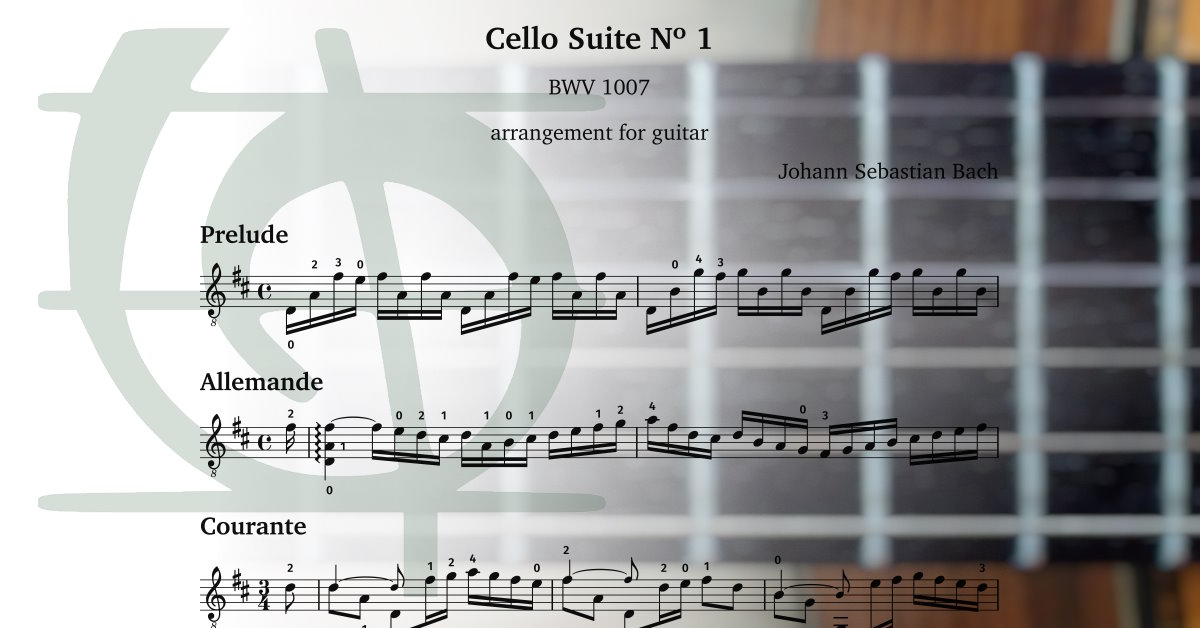 Sheet music PDF. JS Bach: Cello Suite No.1 BWV 1007 arranged for guitar. Prelude, Allemande, Courante, Sarabande, Menuet I & II, Gigue. A Bach transcription to add to your guitar repertoire list.
