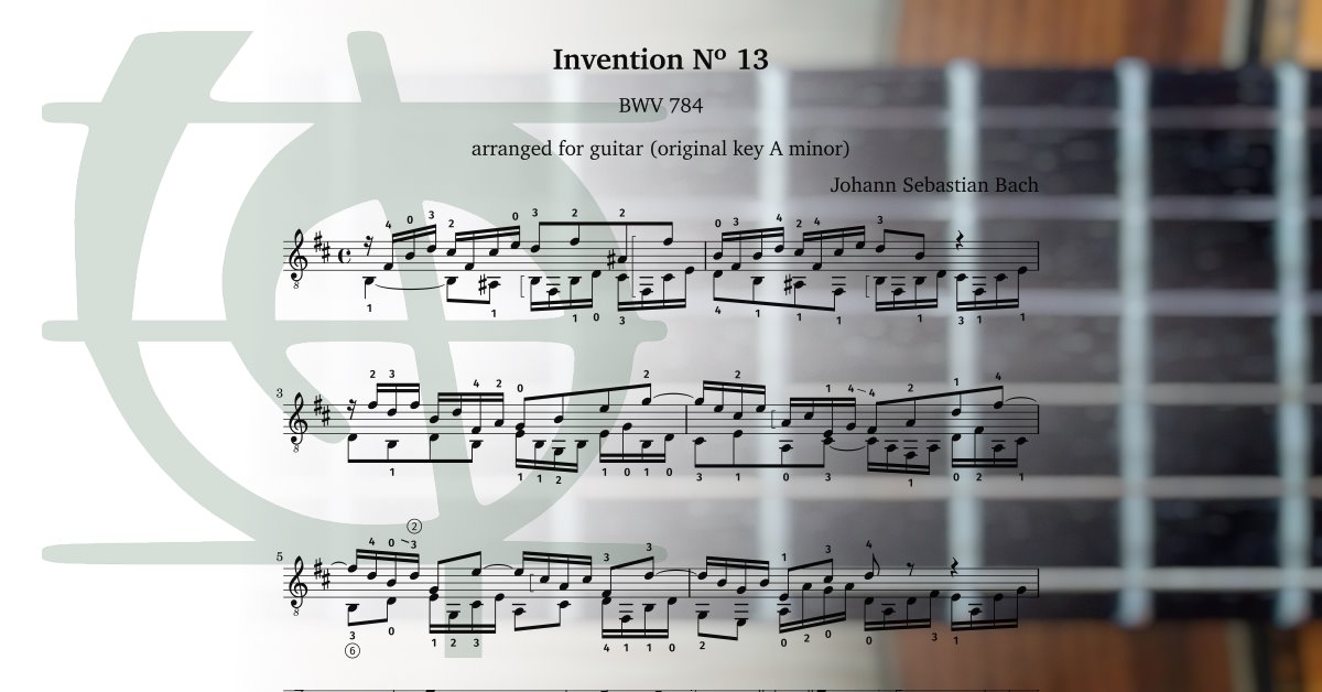 Sheet music PDF. Johann Sebastian Bach: Invention No. 13 BWV 784, arranged for classical guitar (original key A minor).
