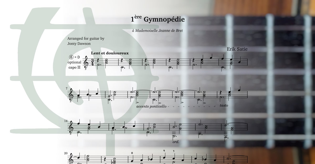 Sheet music PDF. Gymnopédie No. 1 by Erik Satie arranged for classical guitar.
