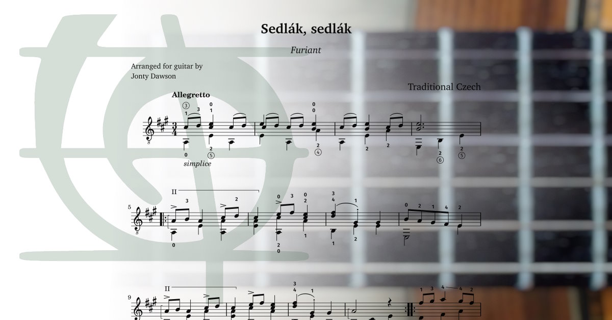 Sheet music PDF. Sedlák, sedlák (Zither Carol) arranged for classical guitar.
