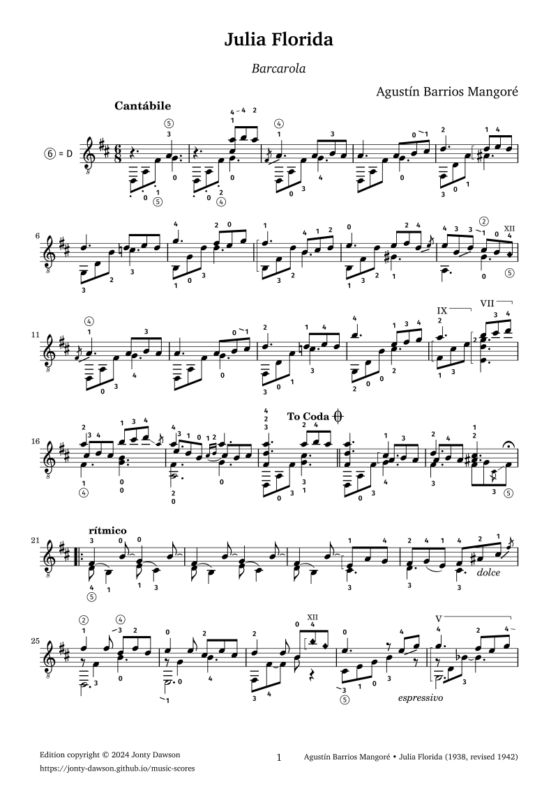 Sheet music PDF. Sheet music PDF. Julia Florida by Agustín Barrios Mangoré, for guitar.
