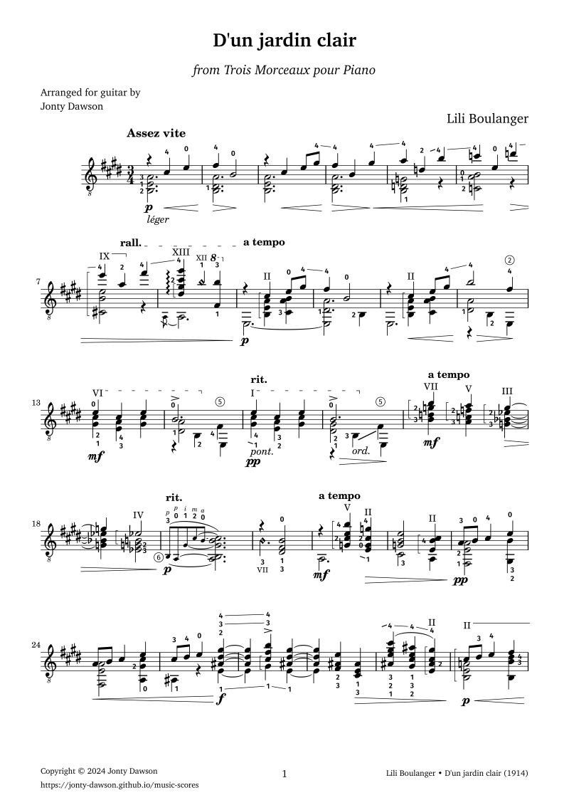 Sheet music PDF. D'un jardin clair ('Of a clear/bright garden') from Trois Morceaux pour Piano by Lili Boulanger, arranged for classical guitar by Jonty Dawson.
