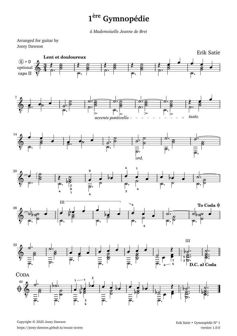 Sheet music PDF. Sheet music PDF. Gymnopédie No. 1 by Erik Satie arranged for classical guitar.
